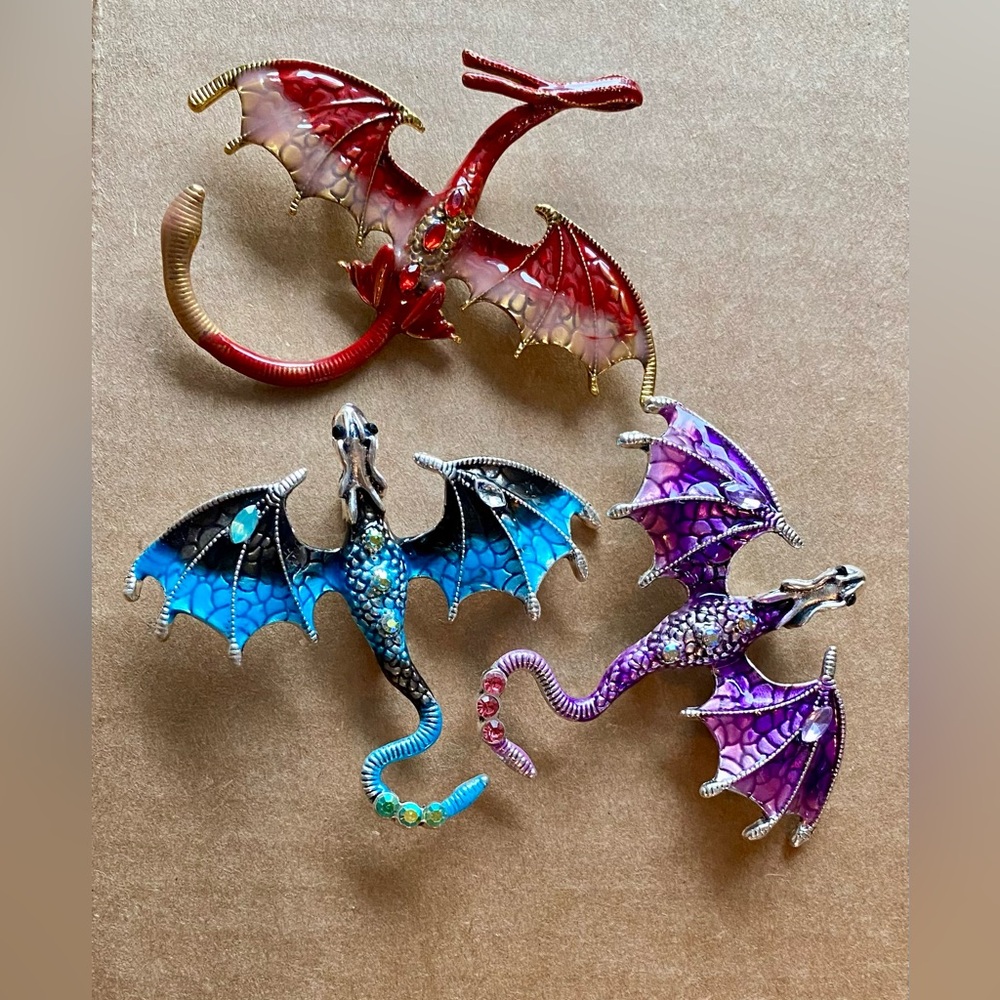 Colorful Enamel Dragon Brooch Set